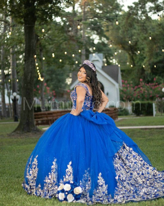 Off Shoulder Navy Blue Quinceanera Dress Lace Appliques Sweetheart Neck 15 Dresses With Bow