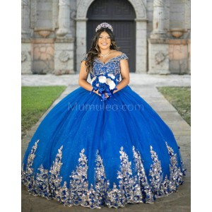 Off Shoulder Navy Blue Quinceanera Dress Lace Appliques Sweetheart Neck 15 Dresses With Bow