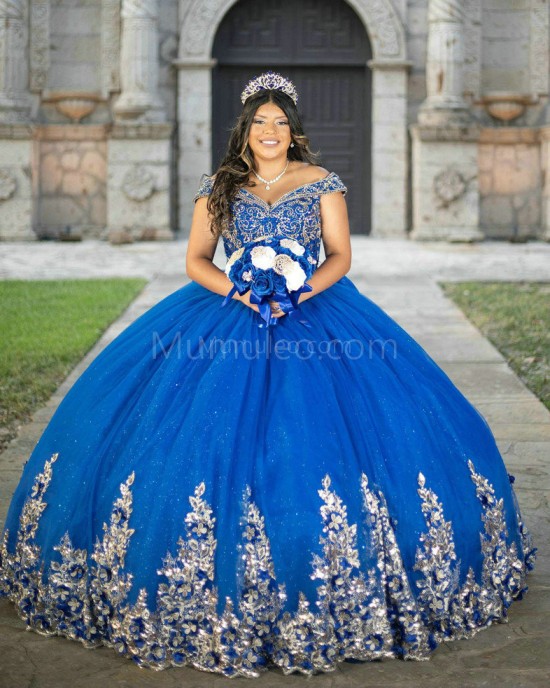 Off Shoulder Navy Blue Quinceanera Dress Lace Appliques Sweetheart Neck 15 Dresses With Bow