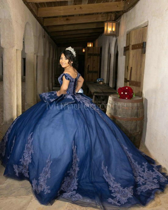 Off Shoulder Navy Blue Quinceanera Dress Sweetheart Neck Lace Appliques 15 Dresses