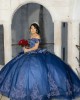 Off Shoulder Navy Blue Quinceanera Dress Sweetheart Neck Lace Appliques 15 Dresses