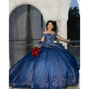 Off Shoulder Navy Blue Quinceanera Dress Sweetheart Neck Lace Appliques 15 Dresses