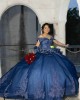 Off Shoulder Navy Blue Quinceanera Dress Sweetheart Neck Lace Appliques 15 Dresses