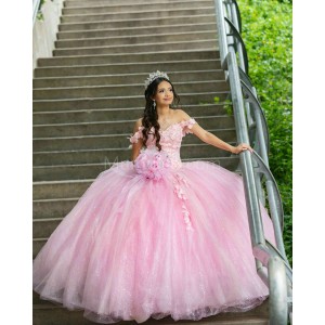 Off Shoulder Pink Quinceanera Dress Lace Appliques Sweetheart Neck 15 Dresses