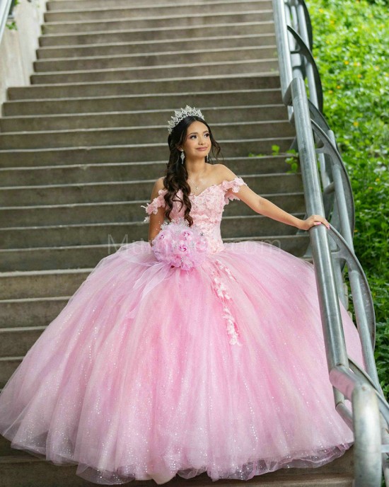 Off Shoulder Pink Quinceanera Dress Lace Appliques Sweetheart Neck 15 Dresses