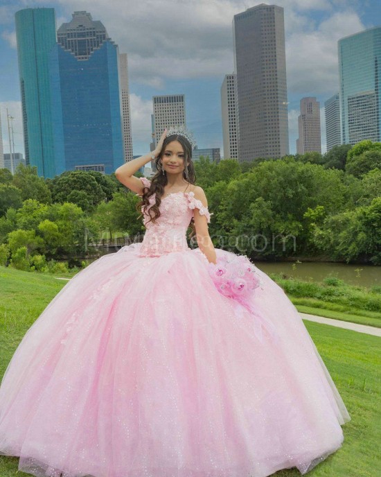 Off Shoulder Pink Quinceanera Dress Lace Appliques Sweetheart Neck 15 Dresses