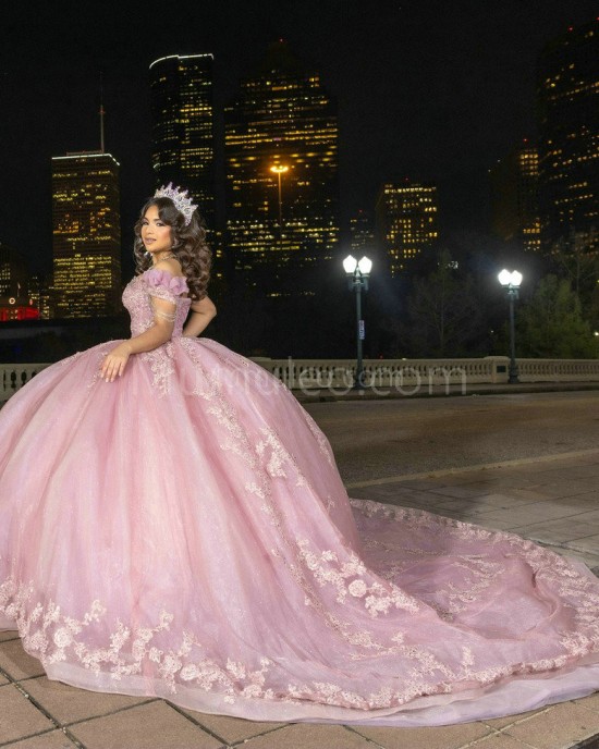 Off Shoulder Pink Quinceanera Dress Lace Appliques V Neck 15 Dresses