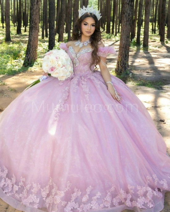 Off Shoulder Pink Quinceanera Dress Lace Appliques V Neck 15 Dresses