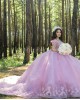 Off Shoulder Pink Quinceanera Dress Lace Appliques V Neck 15 Dresses