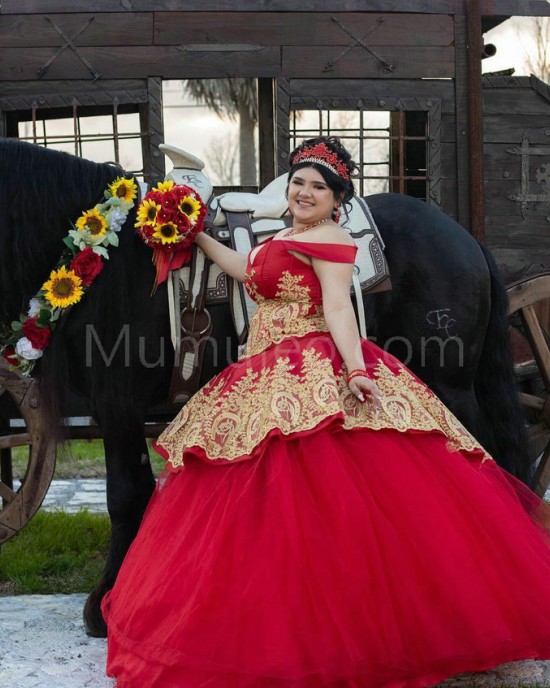 Off Shoulder Red Quinceanera Dress Lace Appliques Sweetheart Neck 15 Dresses