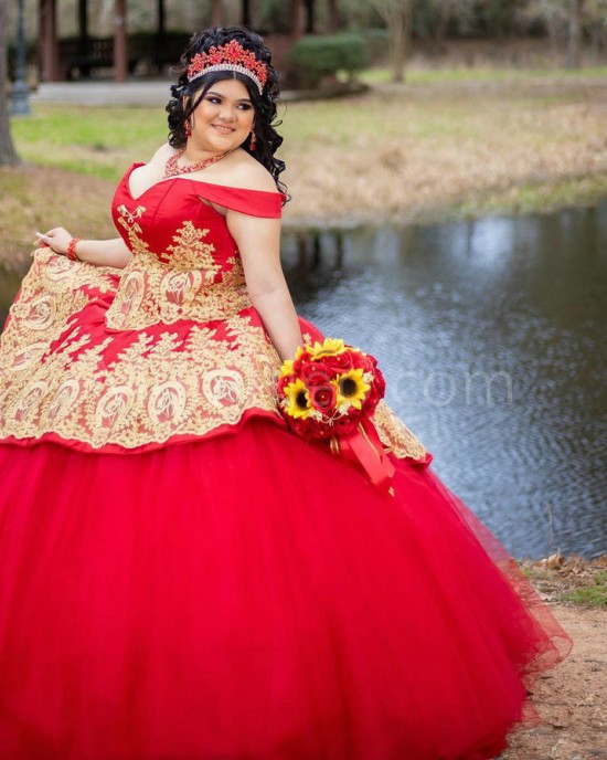 Off Shoulder Red Quinceanera Dress Lace Appliques Sweetheart Neck 15 Dresses