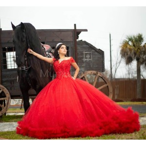 Off Shoulder Red Quinceanera Dress Lace Appliques V Neck 15 Dresses