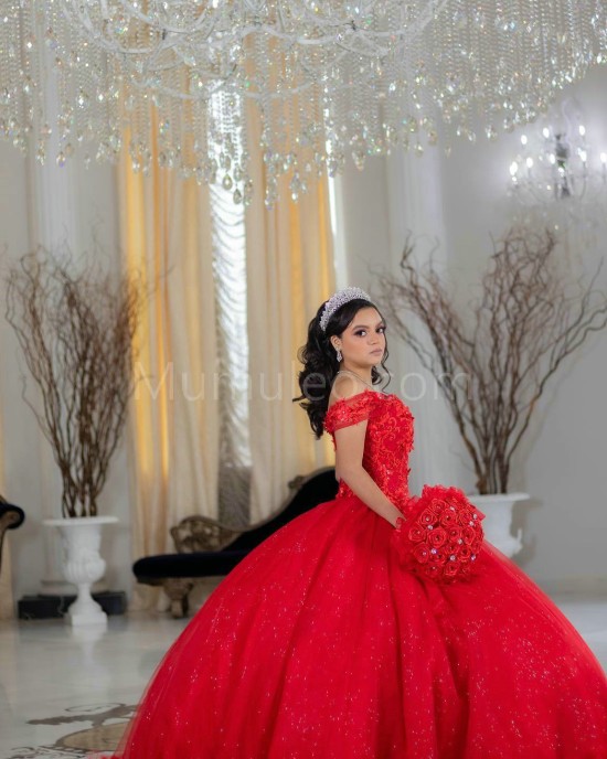 Off Shoulder Red Quinceanera Dress Lace Appliques V Neck 15 Dresses