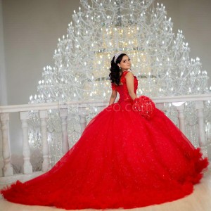 Off Shoulder Red Quinceanera Dress Lace Appliques V Neck 15 Dresses