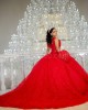 Off Shoulder Red Quinceanera Dress Lace Appliques V Neck 15 Dresses