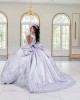 Off Shoulder Silver Quinceanera Dress Lace Appliques V Neck 15 Dresses