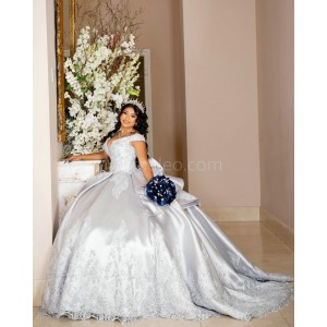 Off Shoulder Silver Quinceanera Dress Lace Appliques V Neck 15 Dresses