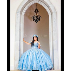 Off Shoulder Sky Blue Quince Dresses Lace Appliques Sweetheart Neck 15 Dress