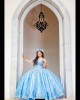 Off Shoulder Sky Blue Quince Dresses Lace Appliques Sweetheart Neck 15 Dress