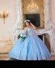 Off Shoulder Sky Blue Quince Dresses Lace Appliques Sweetheart Neck 15 Dress