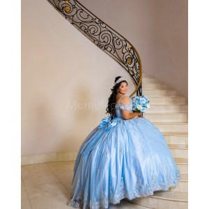 Off Shoulder Sky Blue Quince Dresses Lace Appliques Sweetheart Neck 15 Dress