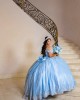 Off Shoulder Sky Blue Quince Dresses Lace Appliques Sweetheart Neck 15 Dress