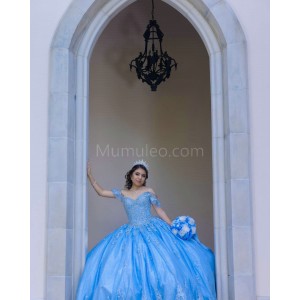 Off Shoulder Sky Blue Quinceanera Dress Lace Appliques Sweetheart Neck 15 Dresses