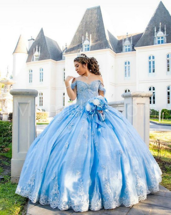 Off Shoulder Sky Blue Quinceanera Dress Lace Appliques Sweetheart Neck 15 Dresses