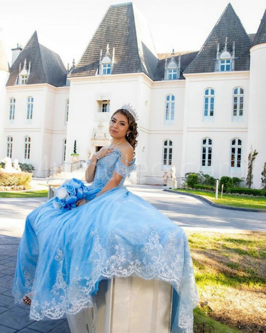 Off Shoulder Sky Blue Quinceanera Dress Lace Appliques Sweetheart Neck 15 Dresses