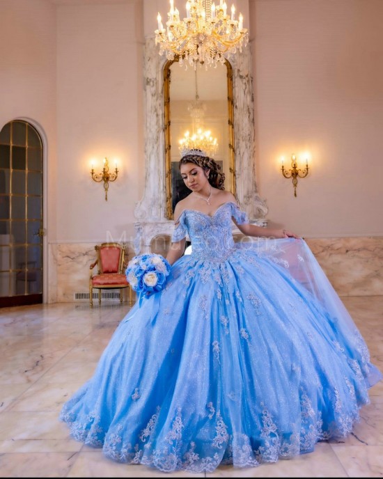 Off Shoulder Sky Blue Quinceanera Dress Lace Appliques Sweetheart Neck 15 Dresses