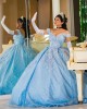 Off Shoulder Sky Blue Quinceanera Dress Sweetheart Neck Lace Appliques 15 Dresses