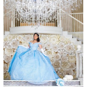 Off Shoulder Sky Blue Quinceanera Dress Sweetheart Neck Lace Appliques 15 Dresses