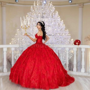 Red Off Shoulder Quinceanera Dress Lace Appliques Sweetheart Neck 15 Dresses