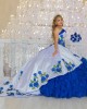 Ruffled Blue On White Quinceanera Dress Lace Appliques Sweetheart Neck 15 Dresses