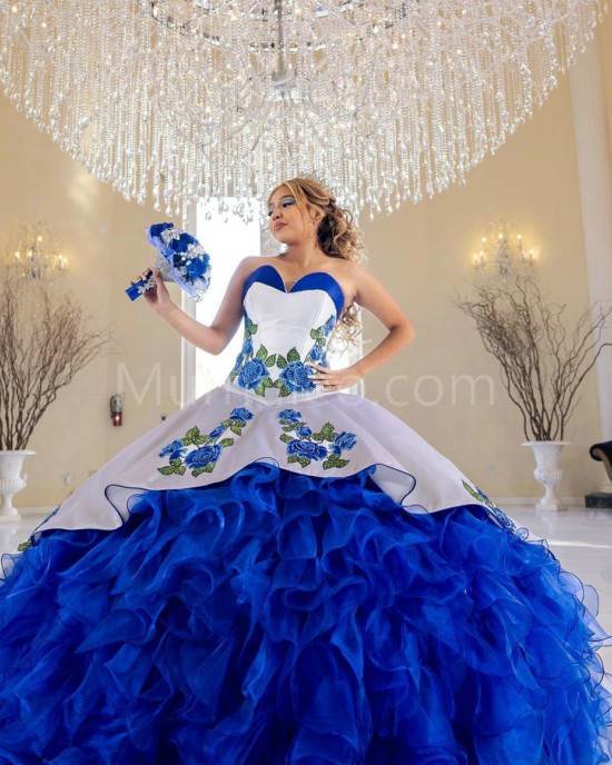 Ruffled Blue On White Quinceanera Dress Lace Appliques Sweetheart Neck 15 Dresses