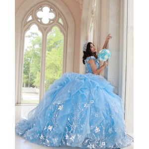 Ruffled Sky Blue Quinceanera Dress Lace Appliques Off Shoulder 15 Dresses