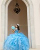 Ruffled Sky Blue Quinceanera Dress Lace Appliques Off Shoulder 15 Dresses