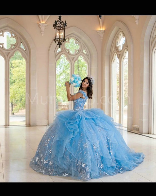 Ruffled Sky Blue Quinceanera Dress Lace Appliques Off Shoulder 15 Dresses