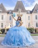 Ruffled Sky Blue Quinceanera Dress Lace Appliques Off Shoulder 15 Dresses