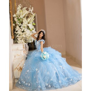 Ruffled Sky Blue Quinceanera Dress Lace Appliques Off Shoulder 15 Dresses