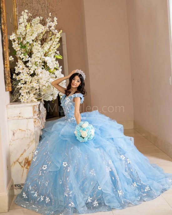 Ruffled Sky Blue Quinceanera Dress Lace Appliques Off Shoulder 15 Dresses