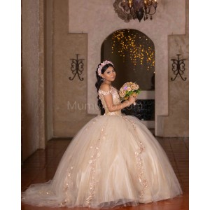 Sleeveless Champagne Quince Dresses Lace Appliques Sweetheart Neck 15 Dress