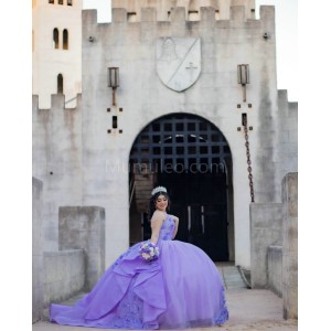 Sleeveless Lilac Quinceanera Dress Lace Appliques V Neck 15 Dresses