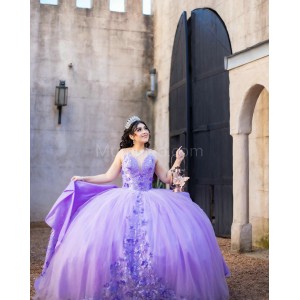 Sleeveless Lilac Quinceanera Dress Lace Appliques V Neck 15 Dresses