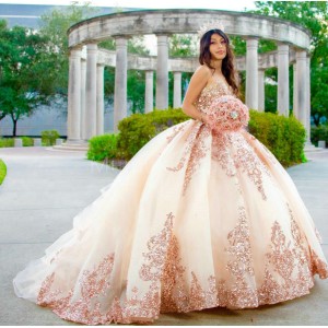 Sleeveless Rose Gold Quinceanera Dress Sweetheart Neck Metallic Sequin 15 Dresses