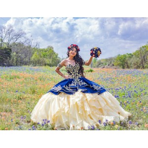 Sleeveless Ruffled Yellow On Blue Quinceanera Dress Lace Appliques Sweetheart Neck 15 Dresses