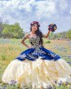 Sleeveless Ruffled Yellow On Blue Quinceanera Dress Lace Appliques Sweetheart Neck 15 Dresses