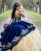 Sleeveless Ruffled Yellow On Blue Quinceanera Dress Lace Appliques Sweetheart Neck 15 Dresses