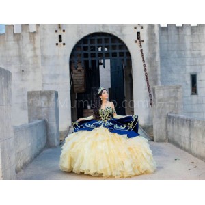 Sleeveless Ruffled Yellow On Blue Quinceanera Dress Lace Appliques Sweetheart Neck 15 Dresses