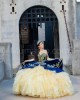 Sleeveless Ruffled Yellow On Blue Quinceanera Dress Lace Appliques Sweetheart Neck 15 Dresses